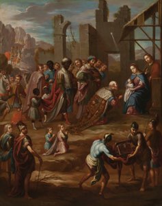 The Adoration of the Kings with Viceroy Pedro de Castro y Figueroa, Duke of La Conquista (The Adoration of the Kings with Viceroy Pedro de Castro y Figueroa, Duke of La Conquista), 1741 (olie på coppe)